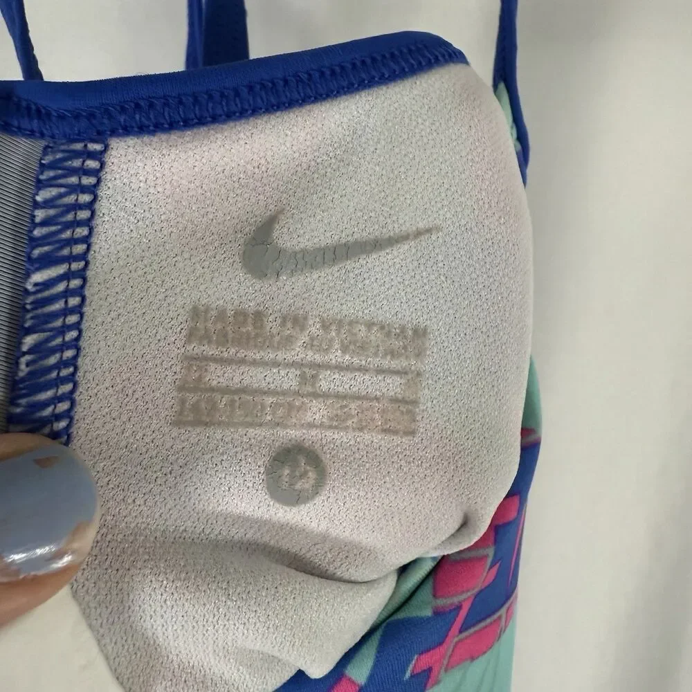 Nike Swimsuit One Piece Girls Medium 12 Pink Blue Strappy Sleeveless Pullover